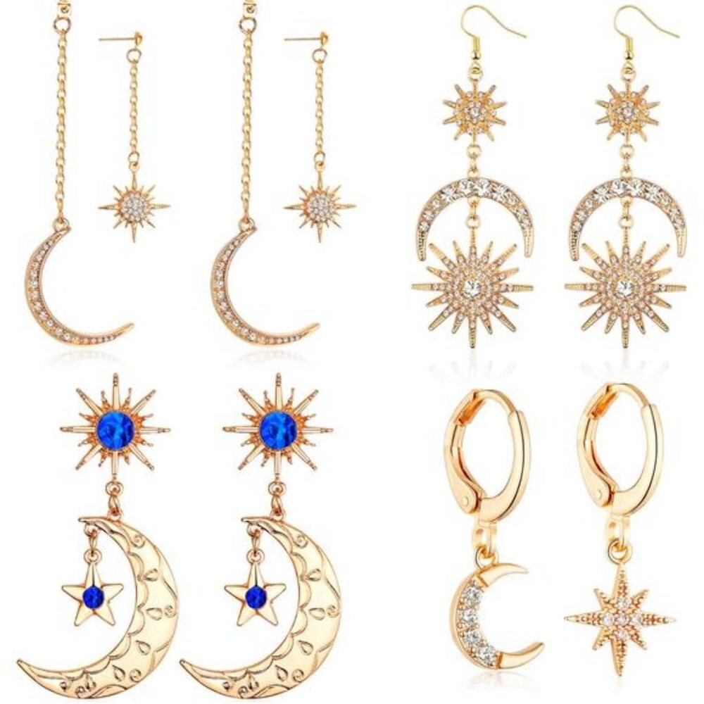 4‎ Pairs Gold Moon Sun Star Crystal Earrings Boho Dangle Drop Earrings Set Pack
